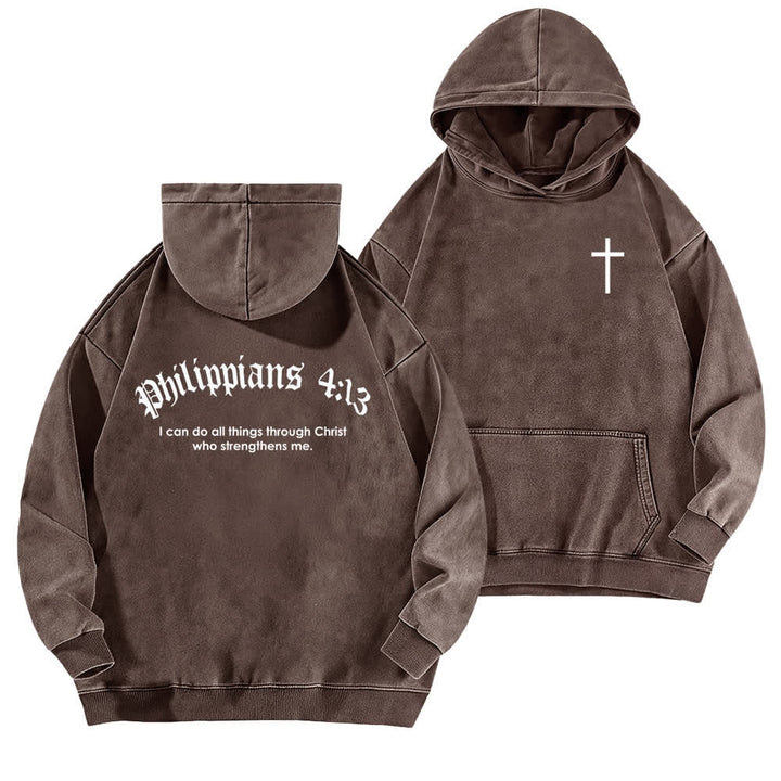 Christianartworkshop Felpa con cappuccio lavata con stampa gotica "Filippesi 4:13" e croce sul retro. - Marrone - 5XL - image 12