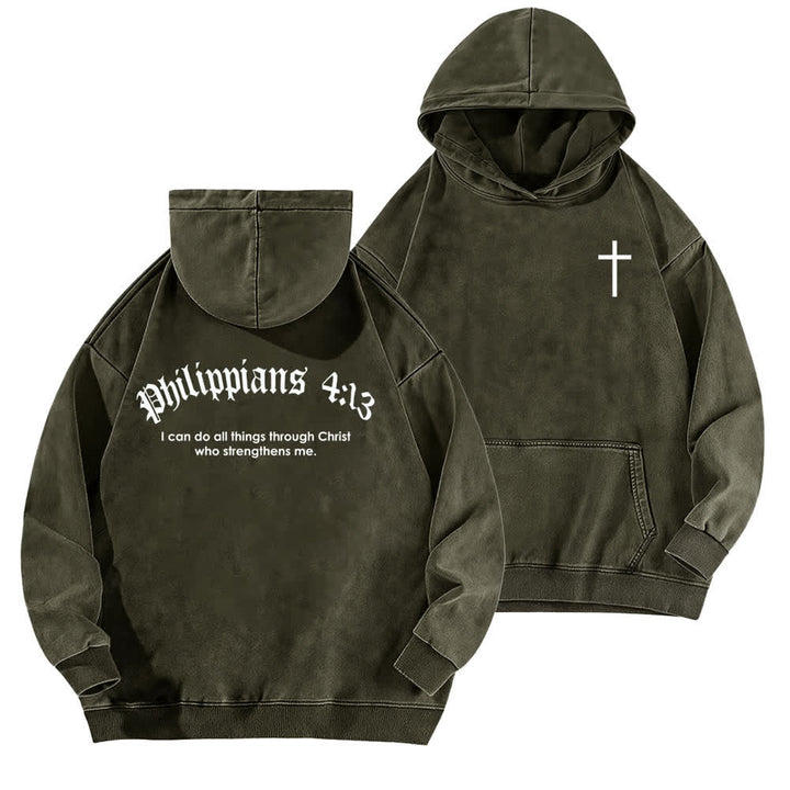 Christianartworkshop Felpa con cappuccio lavata con stampa gotica "Filippesi 4:13" e croce sul retro. - Verde militare - 5XL - image 9