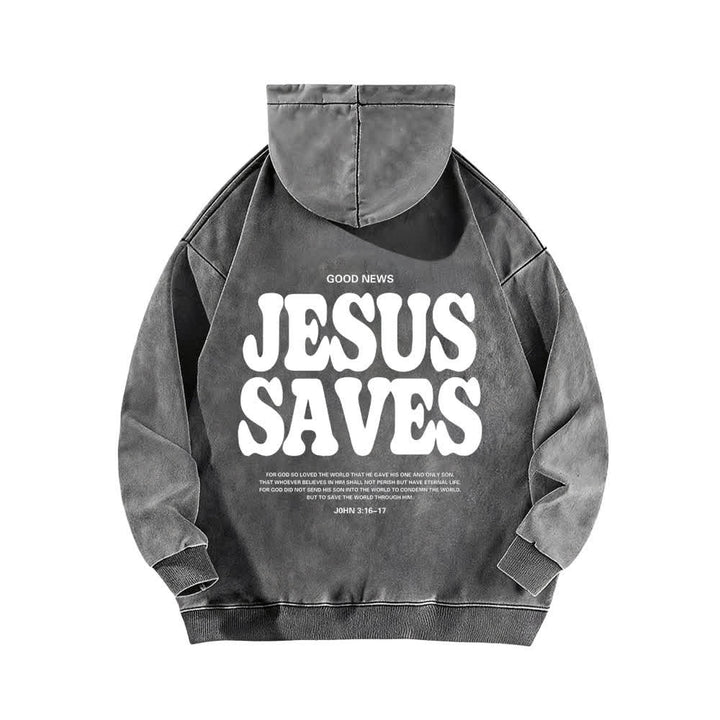 Christianartworkshop Felpa con cappuccio lavata "Jesus Saves Good News" (fronte e retro) - image 4