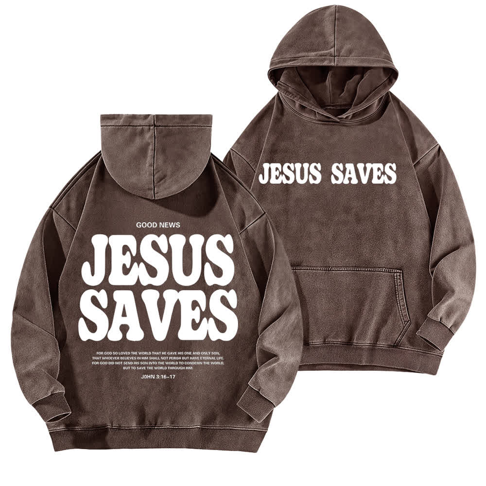 Christianartworkshop Felpa con cappuccio lavata "Jesus Saves Good News" (fronte e retro) - Marrone - 5XL - image 9
