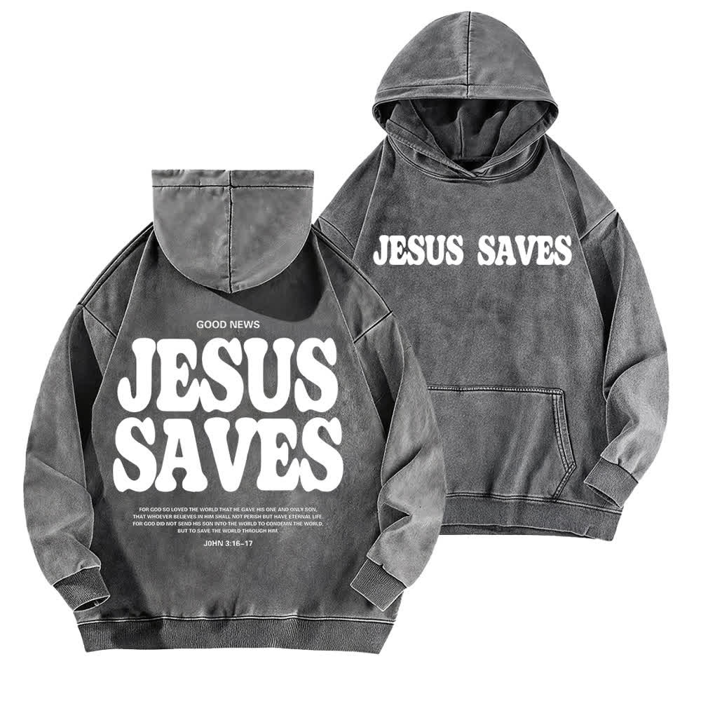 Christianartworkshop Felpa con cappuccio lavata "Jesus Saves Good News" (fronte e retro) - Grigio - 5XL - image 3