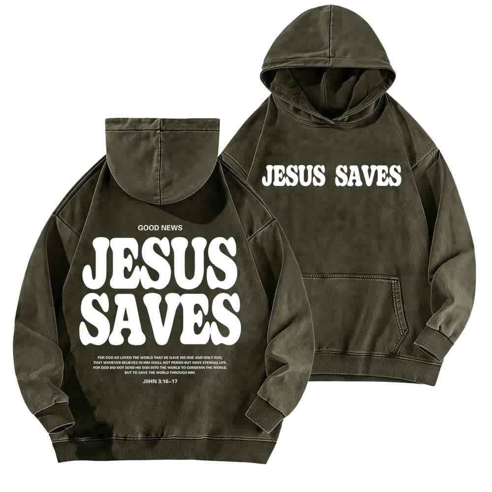 Christianartworkshop Felpa con cappuccio lavata "Jesus Saves Good News" (fronte e retro) - Verde militare - 5XL - image 6