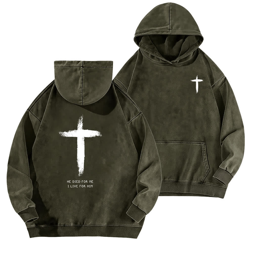 Christianartworkshop Felpa con cappuccio lavata con stampa a croce sul retro "He Died For Me" - Verde militare - 5XL - image 12