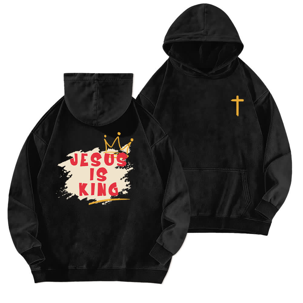 Christianartworkshop Felpa con cappuccio lavata "Jesus Is King Crown" con stampa sul retro. - Nero - 5XL - image 0