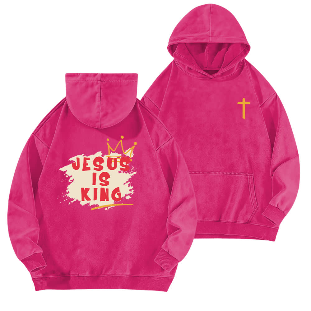 Christianartworkshop Felpa con cappuccio lavata "Jesus Is King Crown" con stampa sul retro. - Rosa - 5XL - image 15