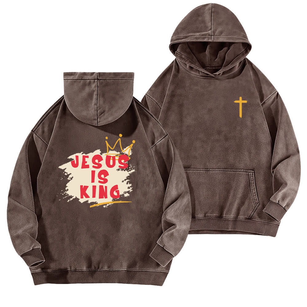 Christianartworkshop Felpa con cappuccio lavata "Jesus Is King Crown" con stampa sul retro. - Marrone - 5XL - image 9