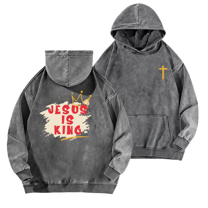 Christianartworkshop Felpa con cappuccio lavata "Jesus Is King Crown" con stampa sul retro. - Grigio - 5XL - image 12