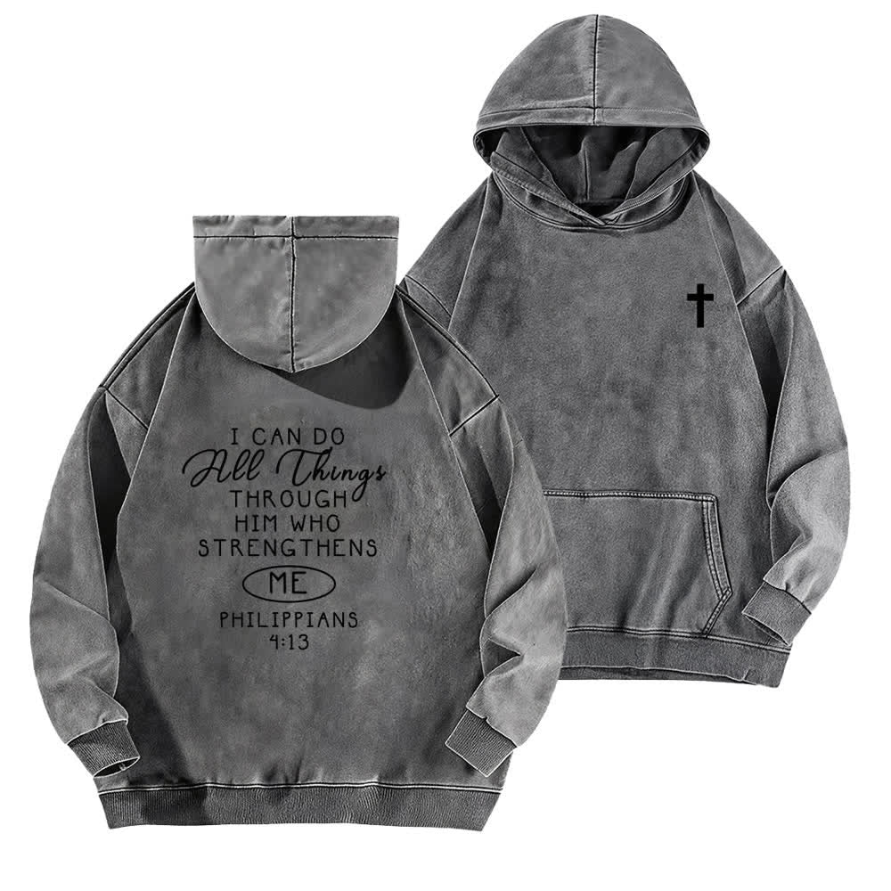 Christianartworkshop Felpa con cappuccio lavata con incrocio sul petto "I Can Do All Things" - Grigio - 5XL - image 6