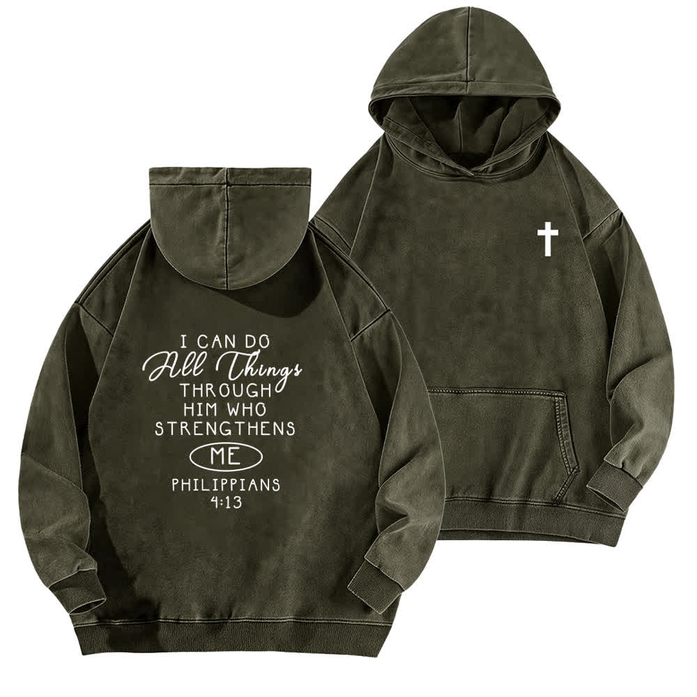 Christianartworkshop Felpa con cappuccio lavata con incrocio sul petto "I Can Do All Things" - Verde militare - 5XL - image 9