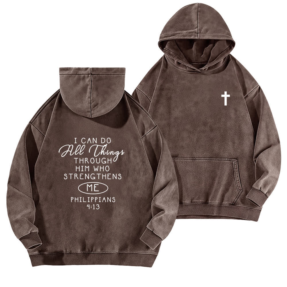 Christianartworkshop Felpa con cappuccio lavata con incrocio sul petto "I Can Do All Things" - Marrone - 5XL - image 12