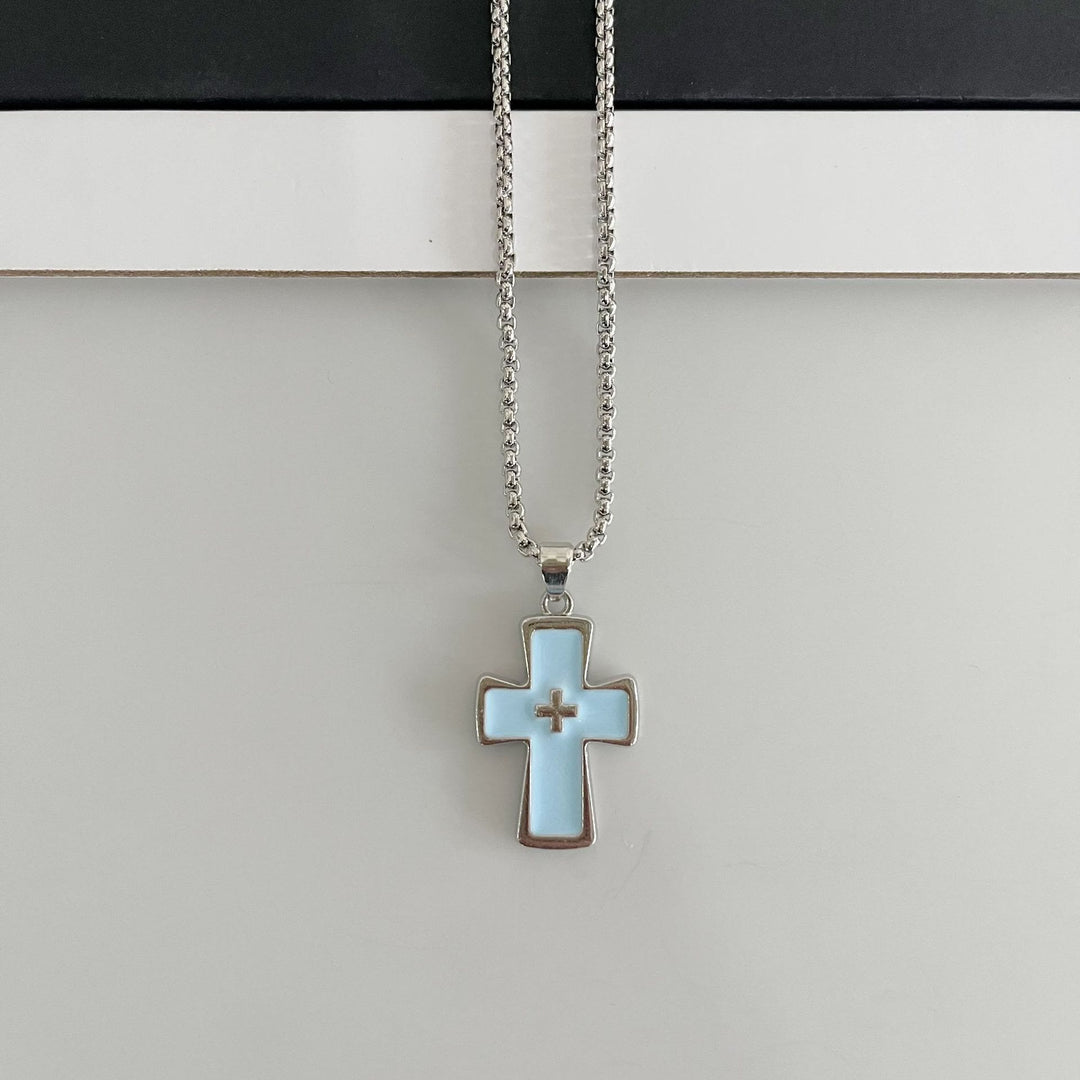 Christianartworkshop Collana a doppia croce con castone lucido: emblema di grazia celeste senza tempo. - Blu celeste - image 5