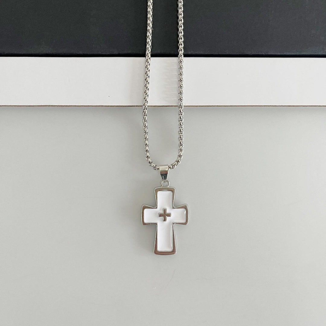 Christianartworkshop Collana a doppia croce con castone lucido: emblema di grazia celeste senza tempo. - Bianco - image 3