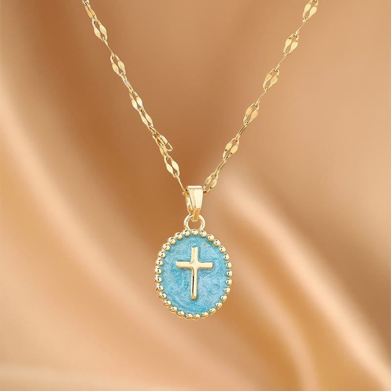 Christianartworkshop Collana ovale con croce in smalto e castone testurizzato: simbolo di calma e serenità celeste. - Blu - image 9