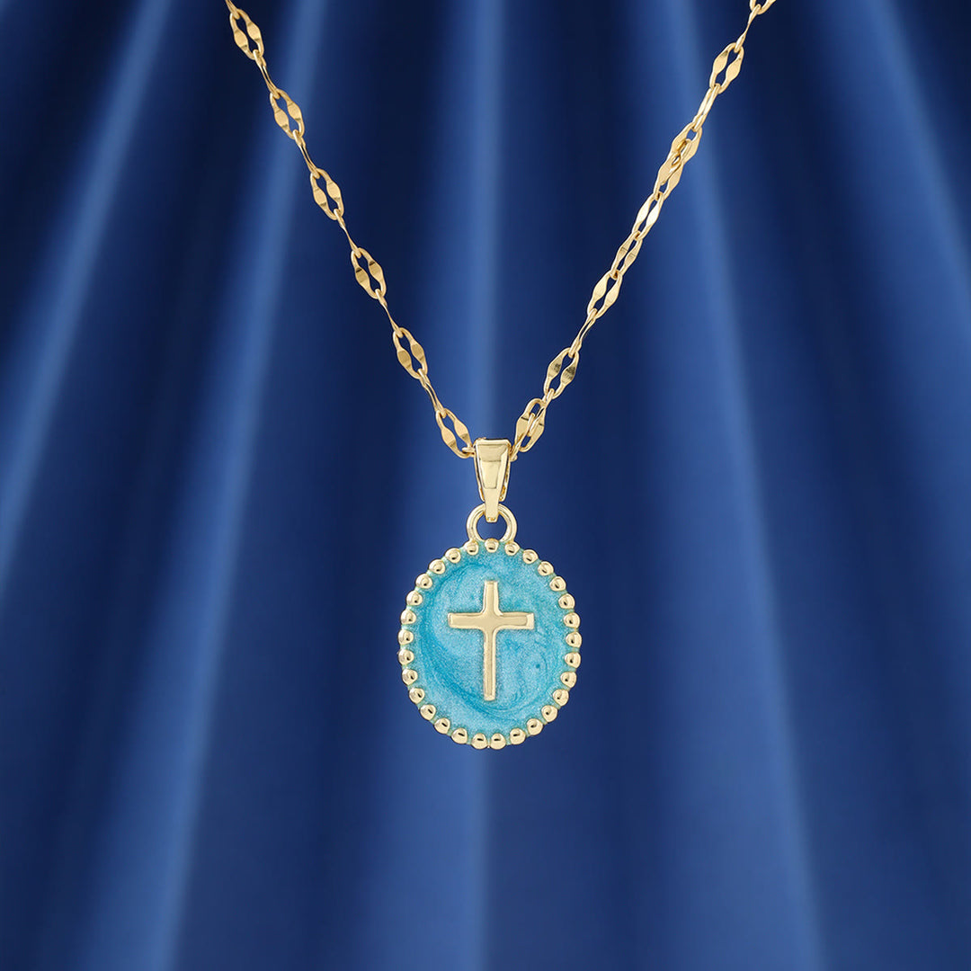 Christianartworkshop Collana ovale con croce in smalto e castone testurizzato: simbolo di calma e serenità celeste. - image 11