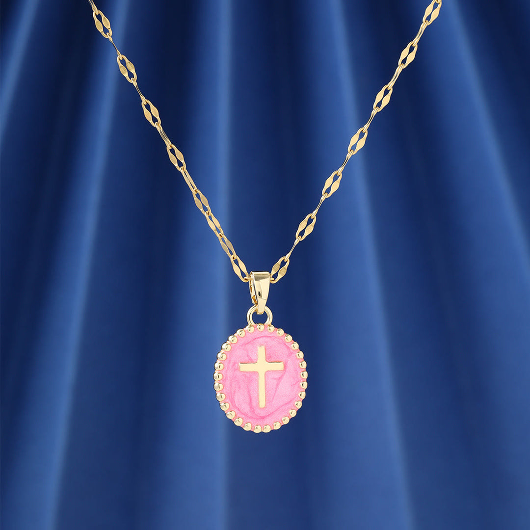 Christianartworkshop Collana ovale con croce in smalto e castone testurizzato: simbolo di calma e serenità celeste. - image 8