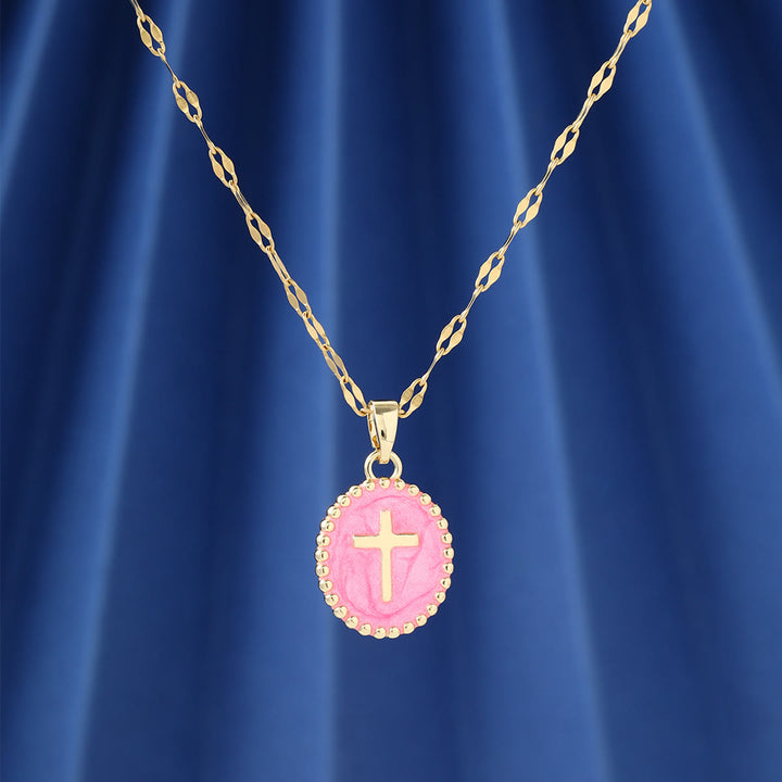 Christianartworkshop Collana ovale con croce in smalto e castone testurizzato: simbolo di calma e serenità celeste. - image 8