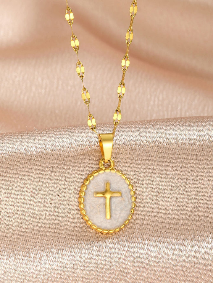 Christianartworkshop Collana ovale con croce in smalto e castone testurizzato: simbolo di calma e serenità celeste. - image 3