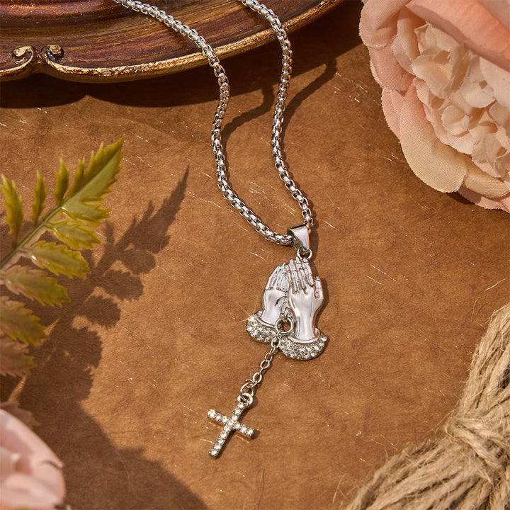 Christianartworkshop Collana con croce a mani giunte in preghiera e decorazioni in cristallo: simbolo di pace celeste - image 3