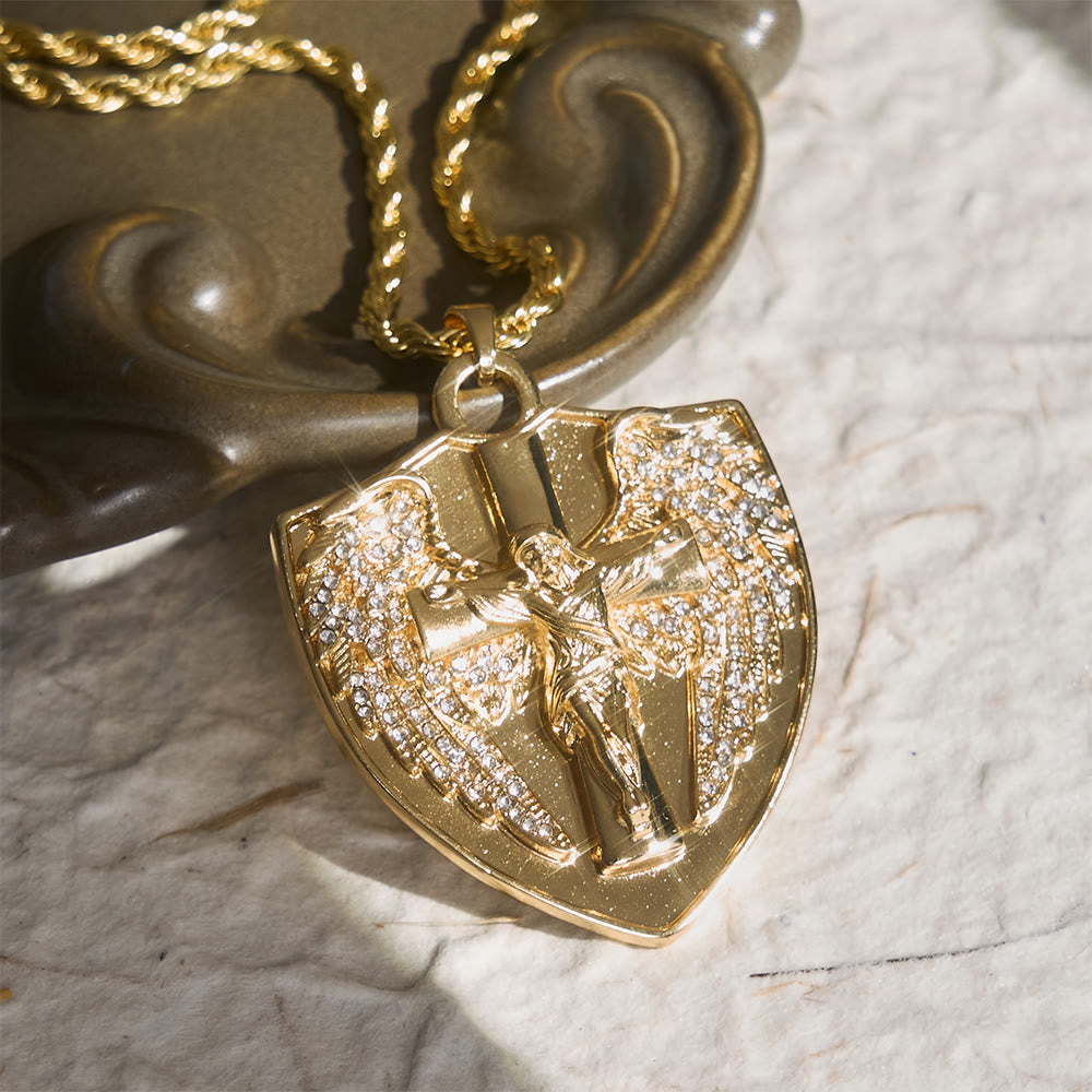 Christianartworkshop Collana con ciondolo a forma di crocifisso con scudo e pietra scintillante: simbolo di conforto divino - D'oro - image 0