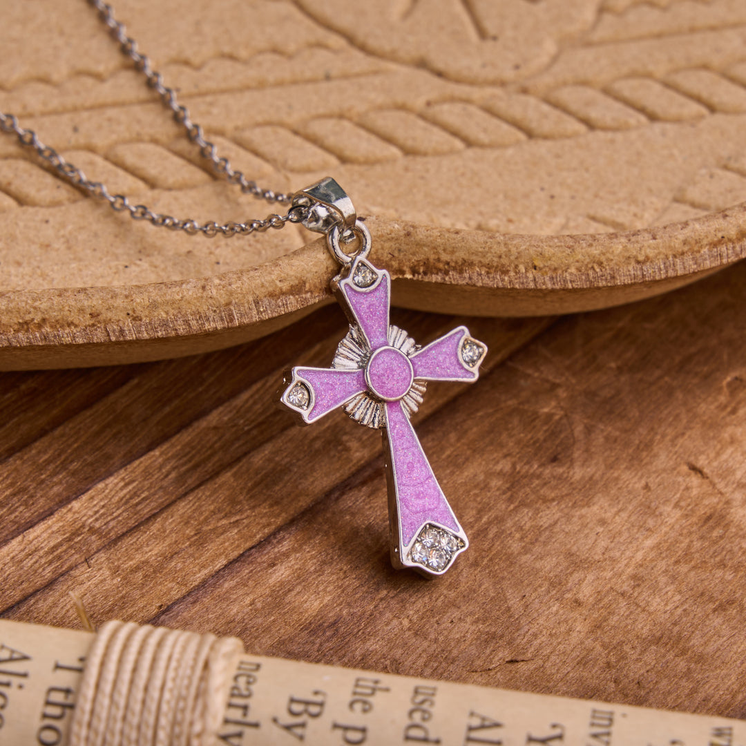 Christianartworkshop Collana con ciondolo a croce in smalto dai colori vivaci: simbolo di devota grazia celeste. - Viola - image 3