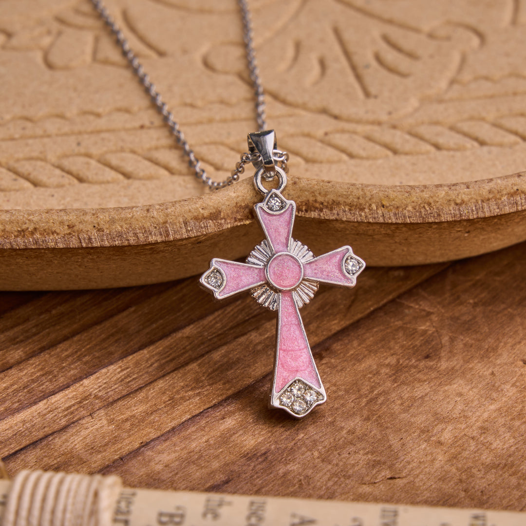 Christianartworkshop Collana con ciondolo a croce in smalto dai colori vivaci: simbolo di devota grazia celeste. - Rosa - image 5