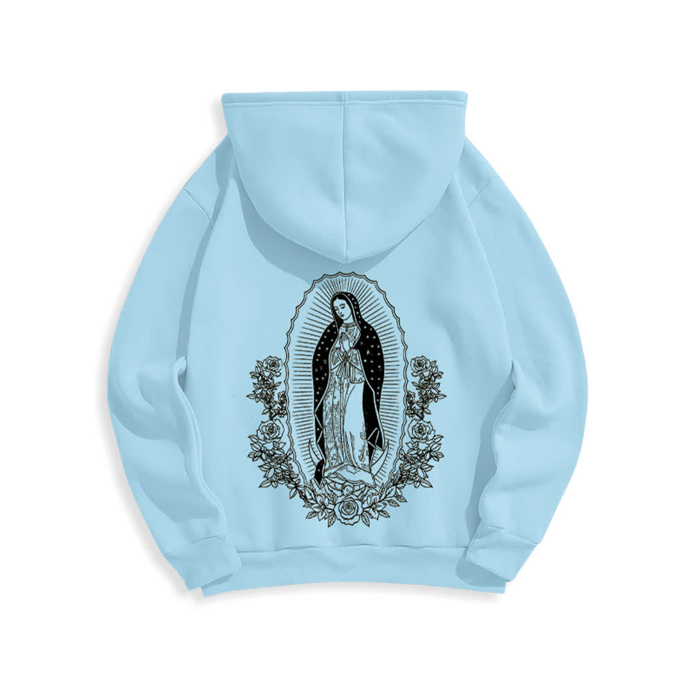 Christianartworkshop Felpa con cappuccio streetwear con aureola floreale della Vergine Maria - Blu - 2XL - image 0