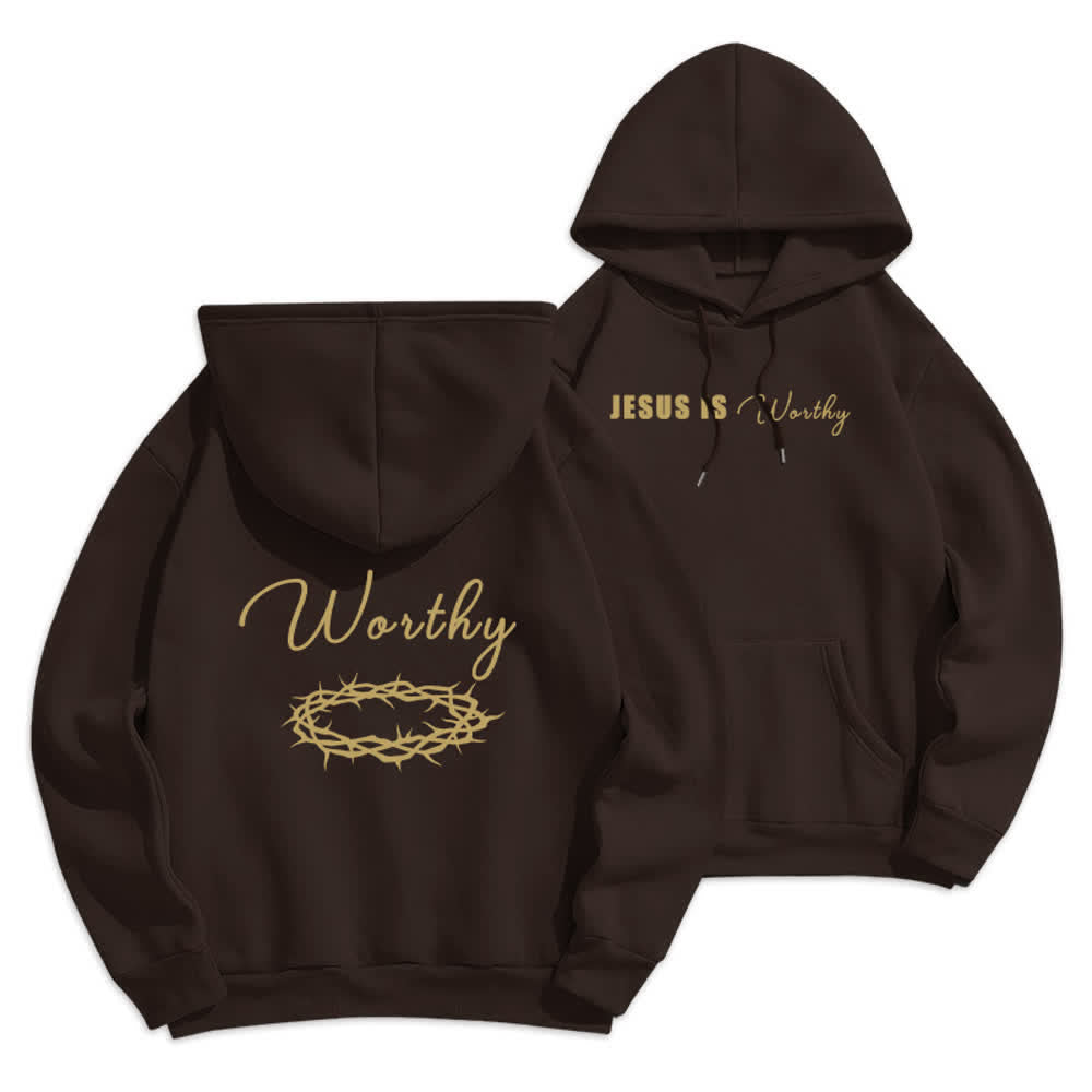 Christianartworkshop Felpa con cappuccio marrone cioccolato con stampa dorata "Jesus Is Worthy" - Marrone - 2XL - image 0