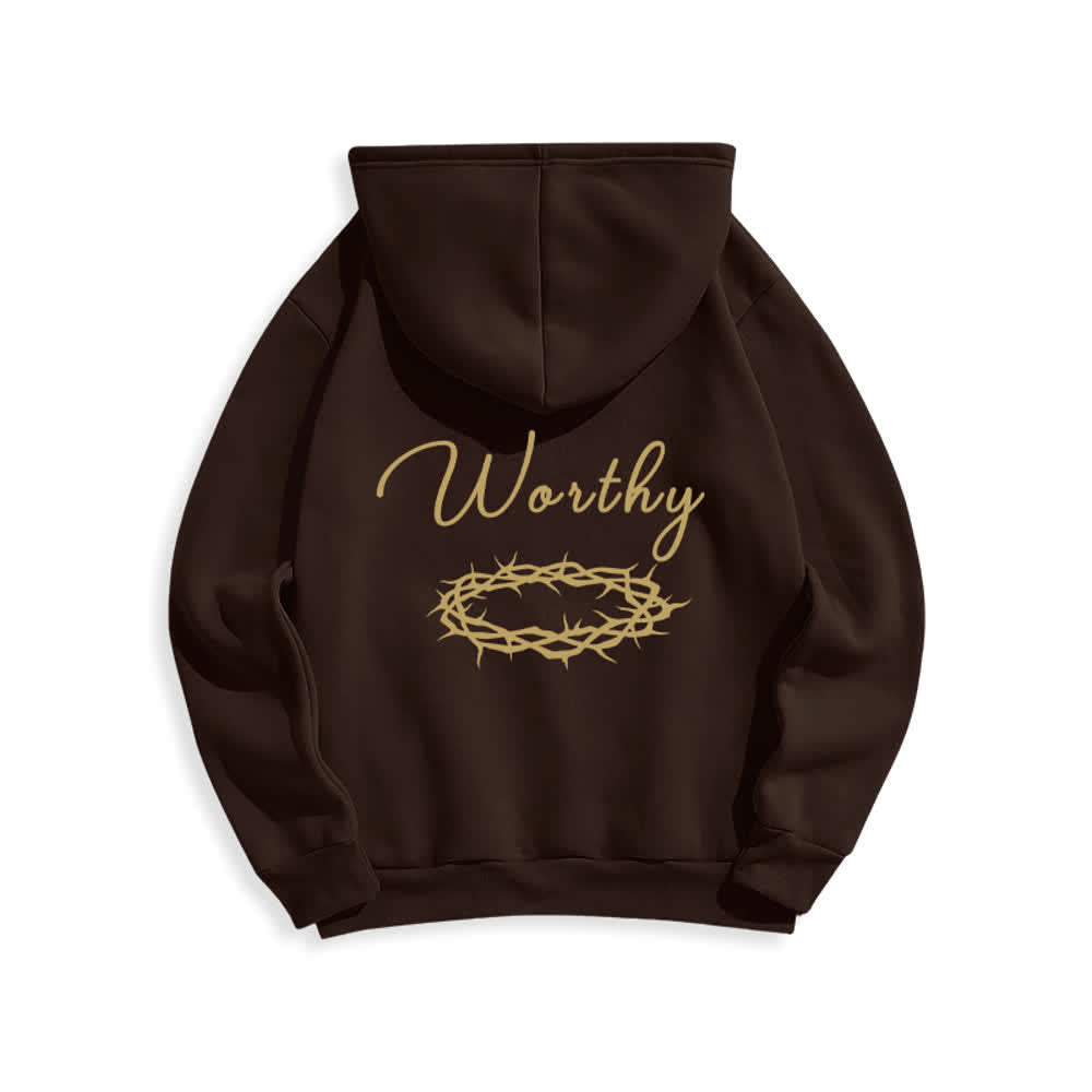 Christianartworkshop Felpa con cappuccio marrone cioccolato con stampa dorata "Jesus Is Worthy" - image 1