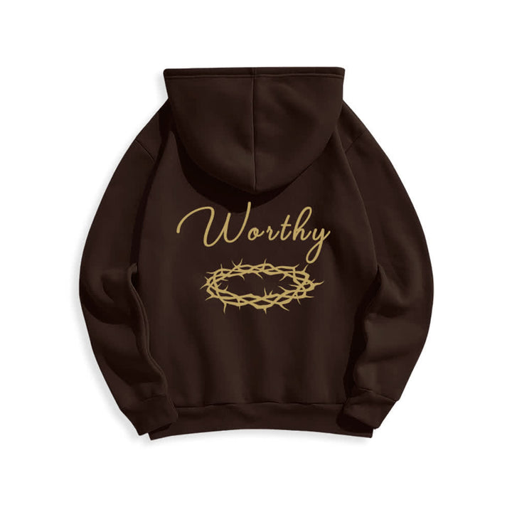 Christianartworkshop Felpa con cappuccio marrone cioccolato con stampa dorata "Jesus Is Worthy" - image 1