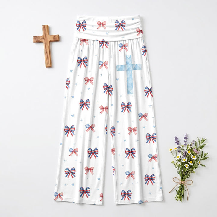Christianartworkshop Pantaloni da donna a gamba larga con stampa a fiocco e croce blu - image 2