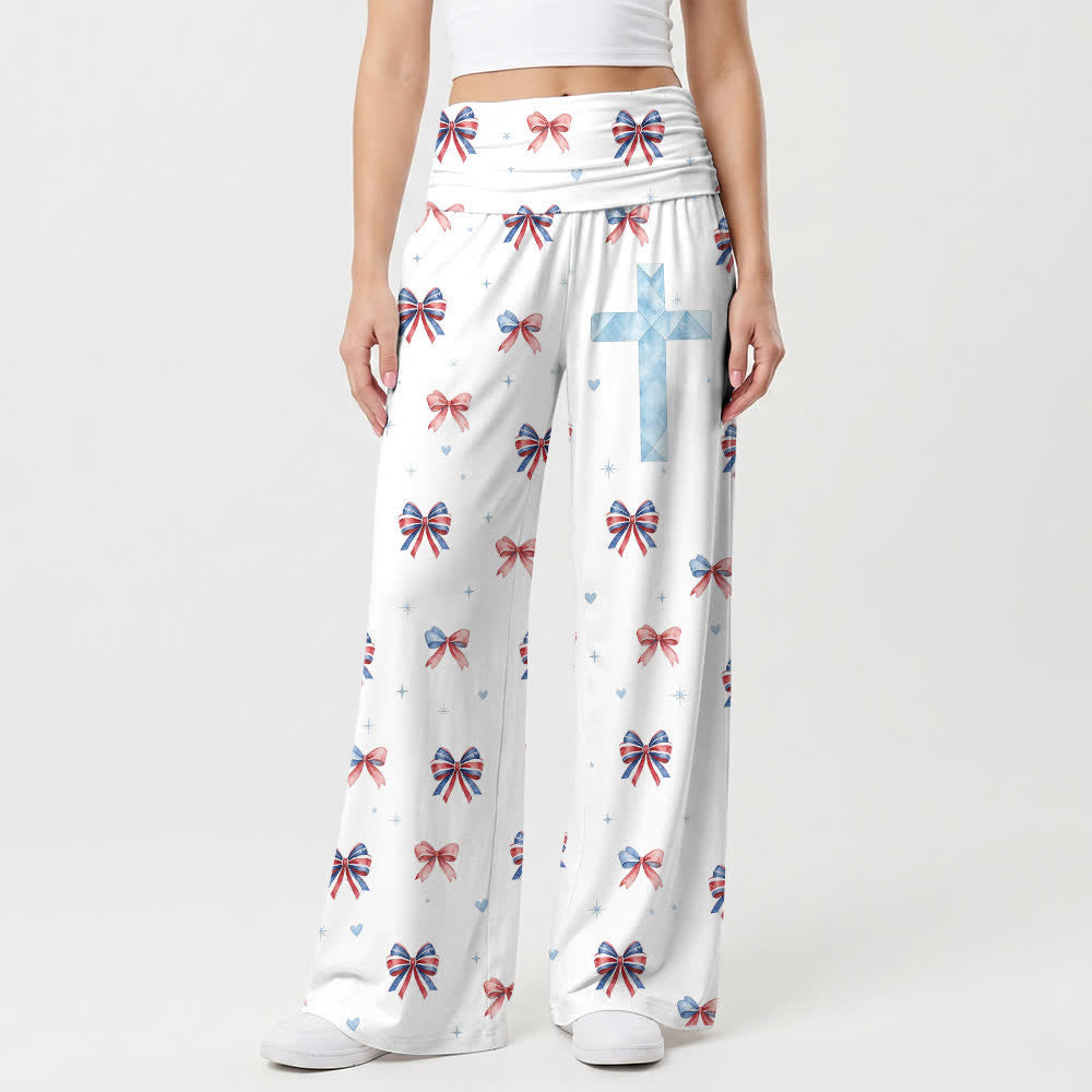 Christianartworkshop Pantaloni da donna a gamba larga con stampa a fiocco e croce blu - US22,UK/AU26,EU54 - image 0
