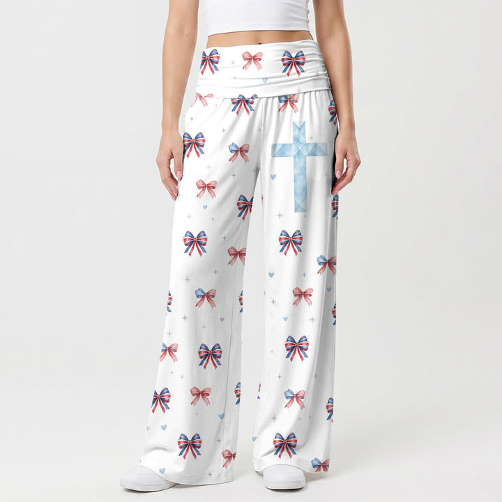 Christianartworkshop Pantaloni da donna a gamba larga con stampa a fiocco e croce blu - US22,UK/AU26,EU54 - image 0