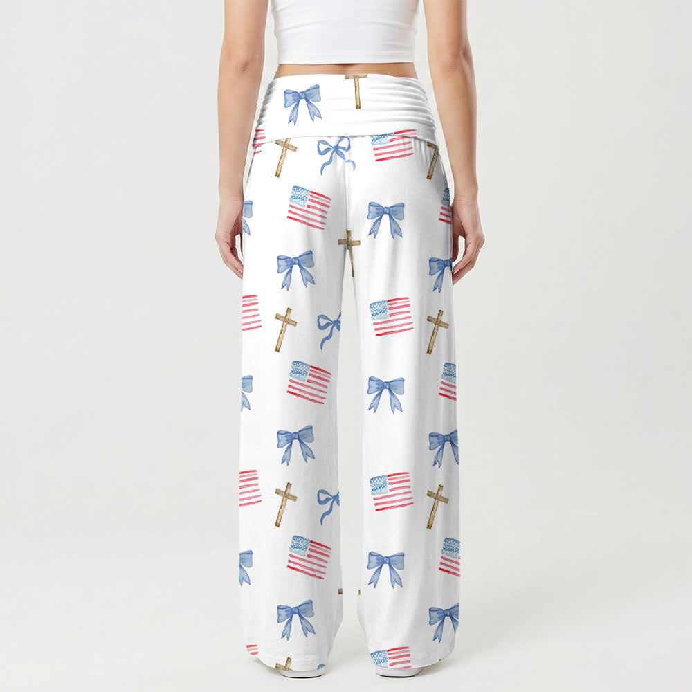Christianartworkshop Pantaloni da donna a gamba larga con stampa di fiocchi e croci in stile americano - image 1