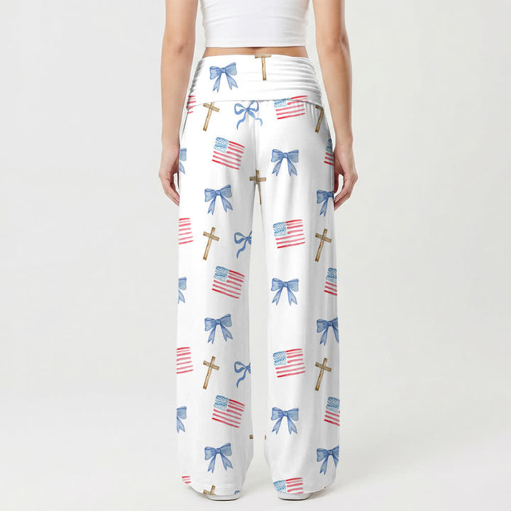 Christianartworkshop Pantaloni da donna a gamba larga con stampa di fiocchi e croci in stile americano - image 1
