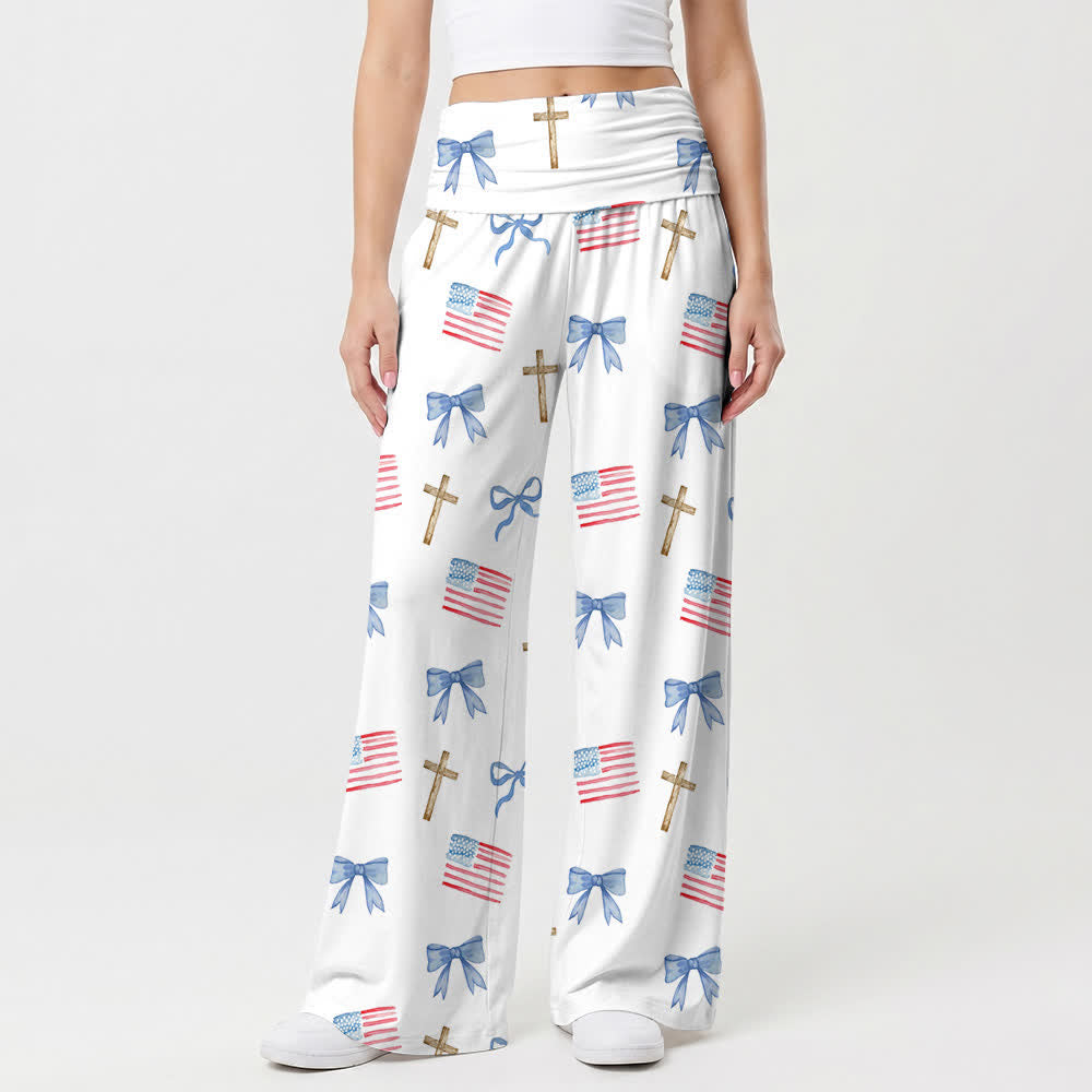 Christianartworkshop Pantaloni da donna a gamba larga con stampa di fiocchi e croci in stile americano - US22,UK/AU26,EU54 - image 0