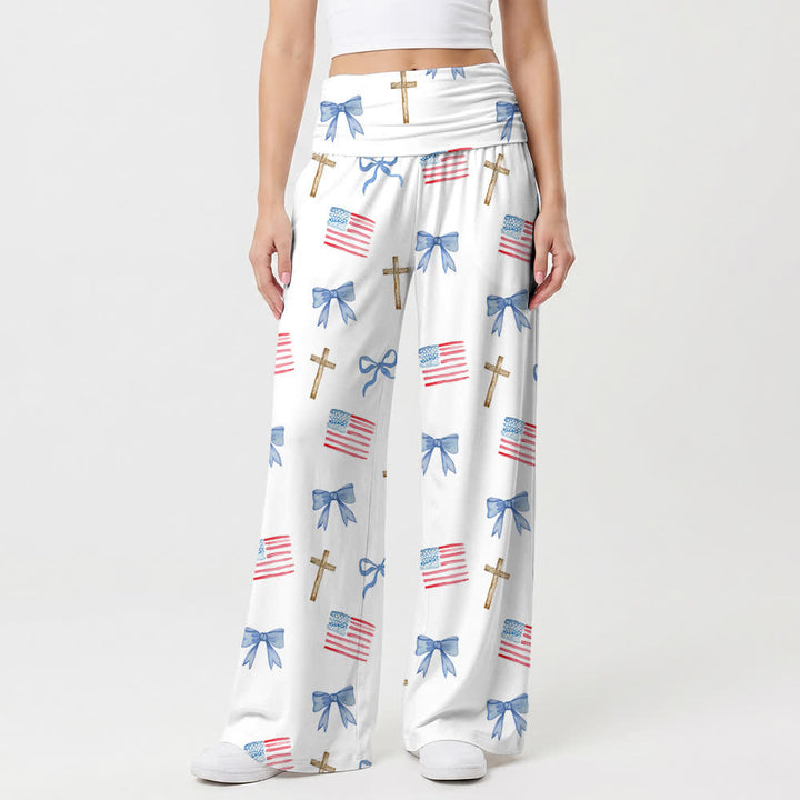 Christianartworkshop Pantaloni da donna a gamba larga con stampa di fiocchi e croci in stile americano - US22,UK/AU26,EU54 - image 0