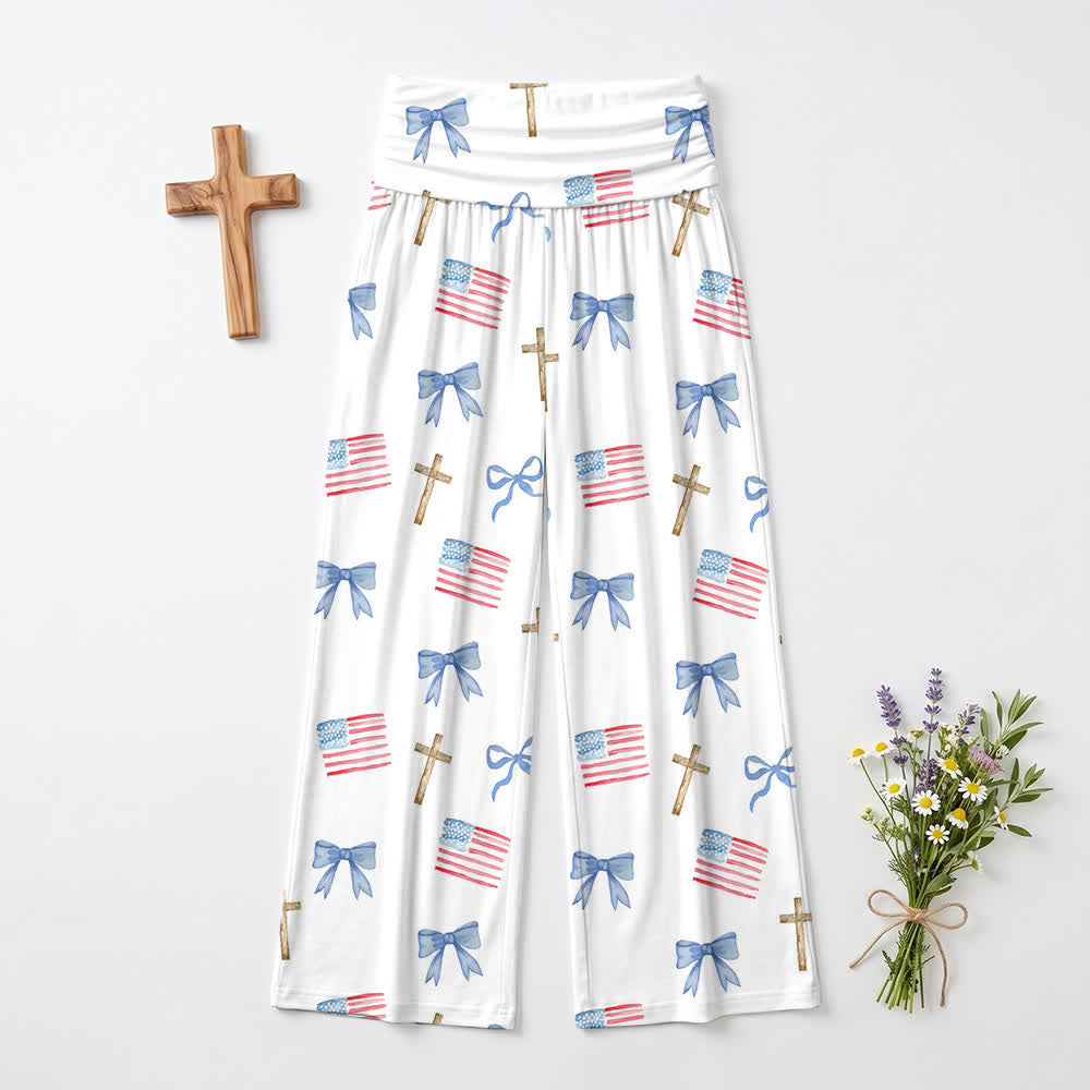 Christianartworkshop Pantaloni da donna a gamba larga con stampa di fiocchi e croci in stile americano - image 2