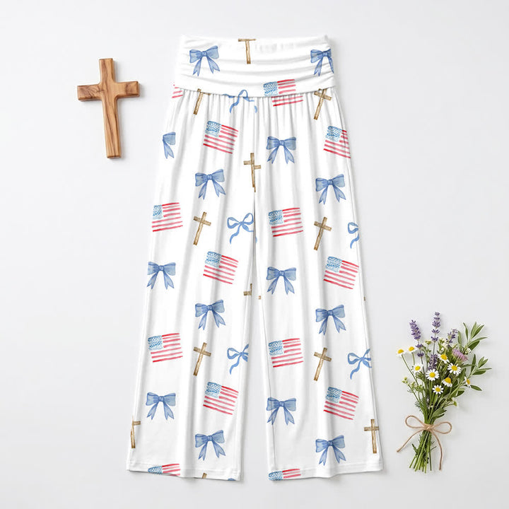 Christianartworkshop Pantaloni da donna a gamba larga con stampa di fiocchi e croci in stile americano - image 2