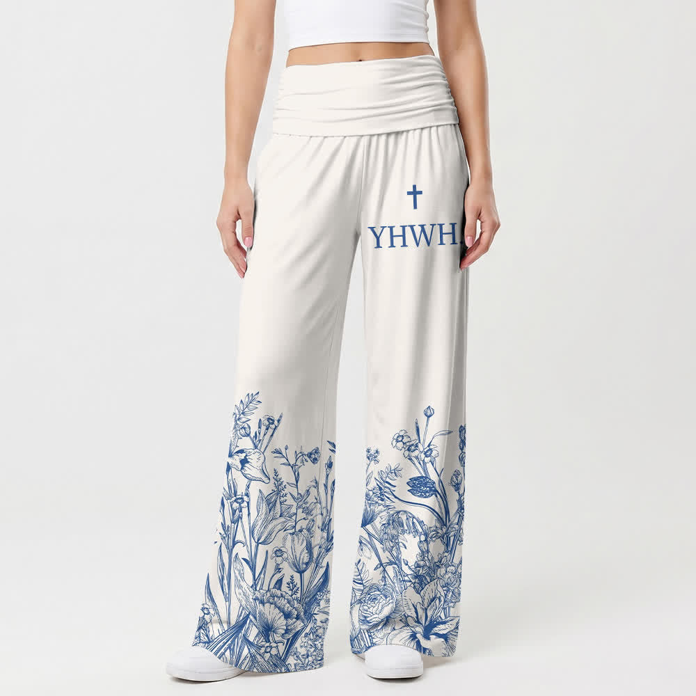 Christianartworkshop Pantaloni da donna a gamba larga con orlo floreale blu YHWH risvoltati - US22,UK/AU26,EU54 - image 0