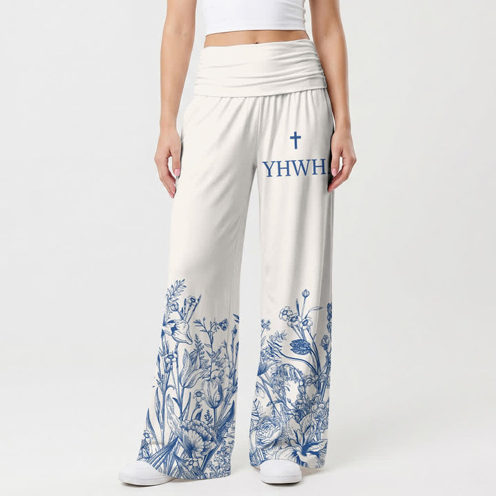 Christianartworkshop Pantaloni da donna a gamba larga con orlo floreale blu YHWH risvoltati - US22,UK/AU26,EU54 - image 0