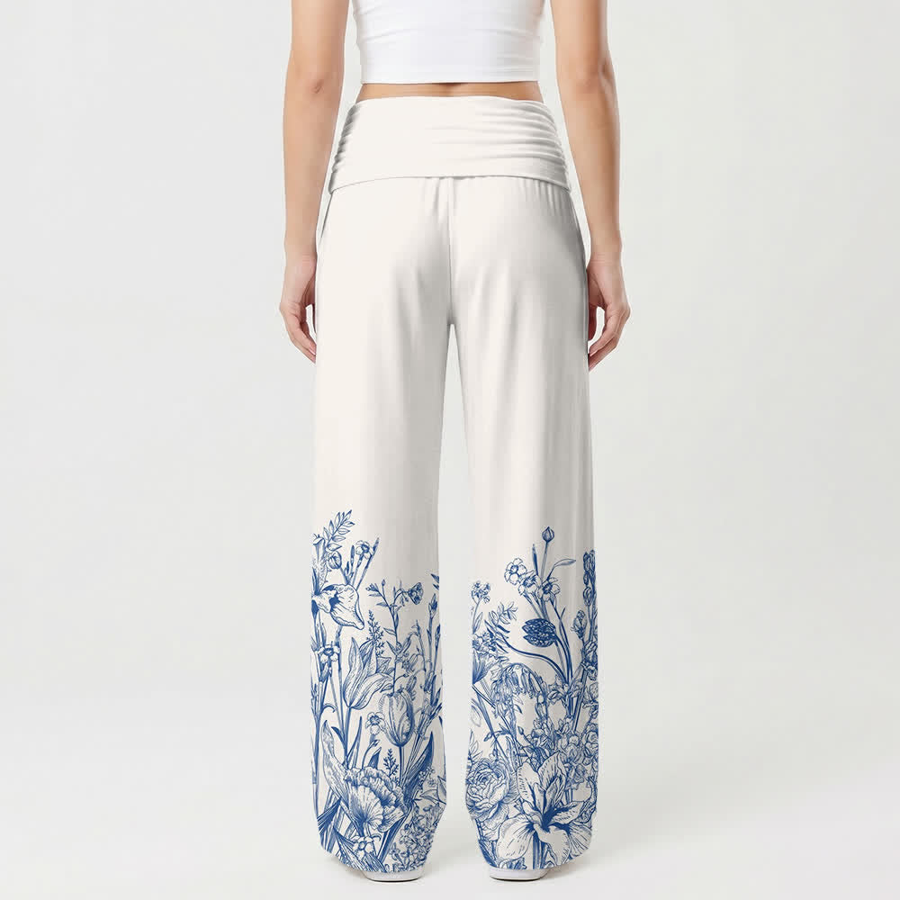 Christianartworkshop Pantaloni da donna a gamba larga con orlo floreale blu YHWH risvoltati - image 1