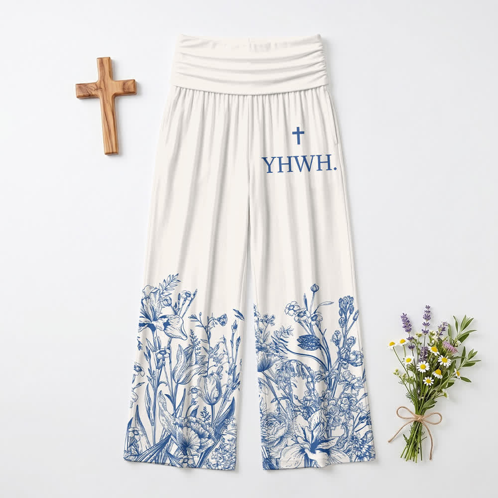 Christianartworkshop Pantaloni da donna a gamba larga con orlo floreale blu YHWH risvoltati - image 2