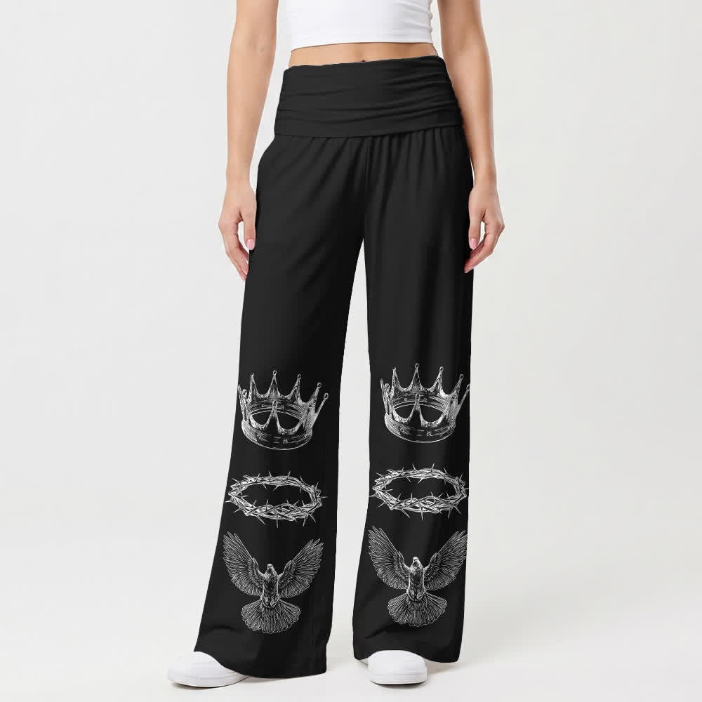 Christianartworkshop Pantaloni da donna a gamba larga con risvolto in vita Crown And Dove - image 1