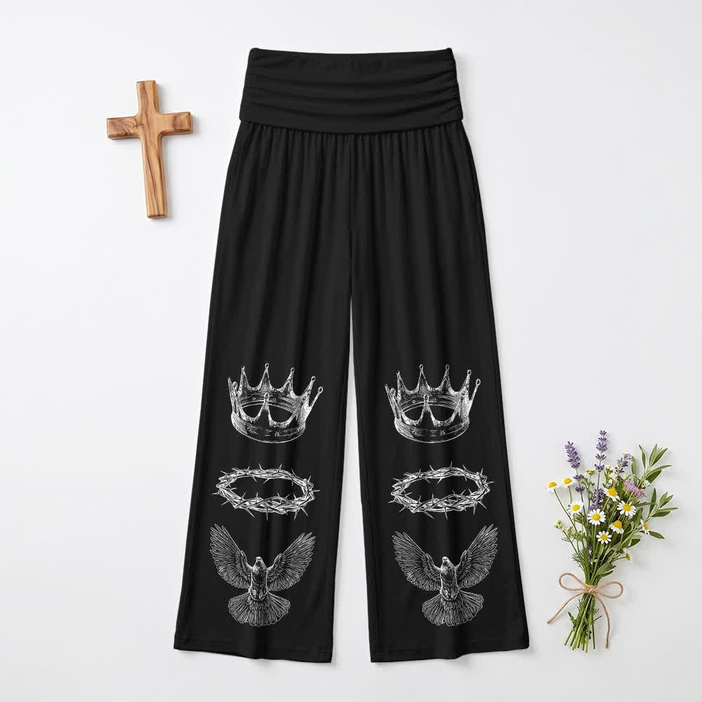 Christianartworkshop Pantaloni da donna a gamba larga con risvolto in vita Crown And Dove - US22,UK/AU26,EU54 - image 0