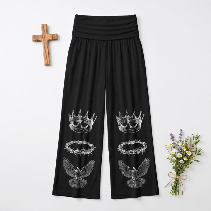 Christianartworkshop Pantaloni da donna a gamba larga con risvolto in vita Crown And Dove - US22,UK/AU26,EU54 - image 0