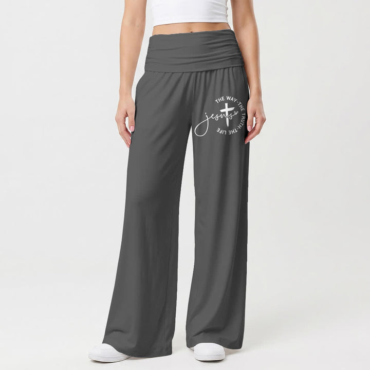 Christianartworkshop Pantaloni da donna a gamba larga con risvolto in vita e croce di Gesù - image 1