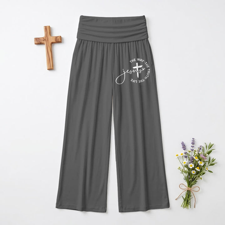 Christianartworkshop Pantaloni da donna a gamba larga con risvolto in vita e croce di Gesù - Grigio - US22,UK/AU26,EU54 - image 0