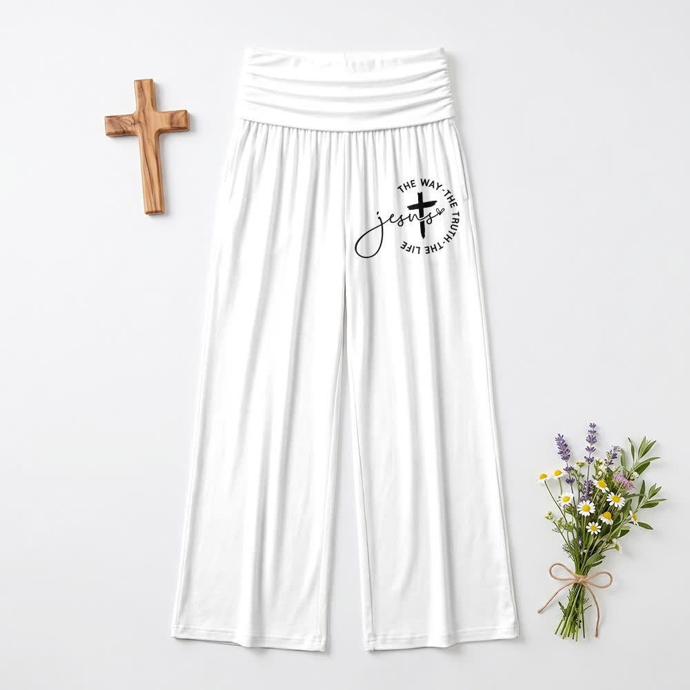 Christianartworkshop Pantaloni da donna a gamba larga con risvolto in vita e croce di Gesù - Bianco - US22,UK/AU26,EU54 - image 6
