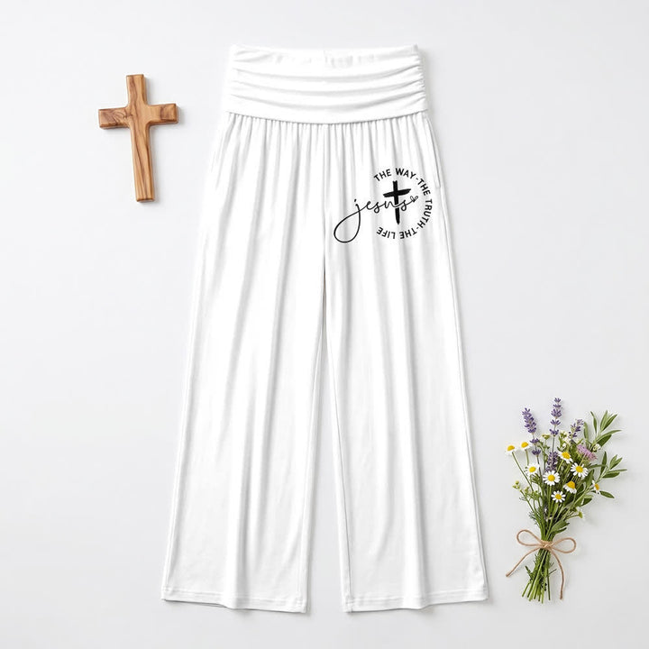Christianartworkshop Pantaloni da donna a gamba larga con risvolto in vita e croce di Gesù - Bianco - US22,UK/AU26,EU54 - image 6