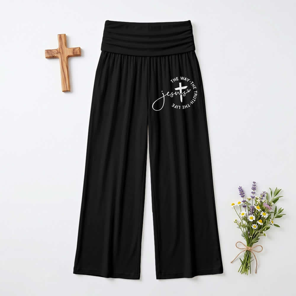 Christianartworkshop Pantaloni da donna a gamba larga con risvolto in vita e croce di Gesù - Nero - US22,UK/AU26,EU54 - image 9